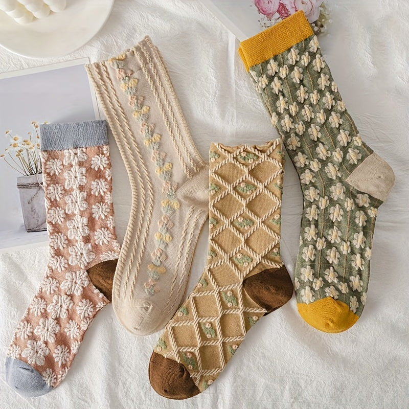 6 Pairs 3D Floral Textured Socks Retro Style Mid Tube Women's Stockings