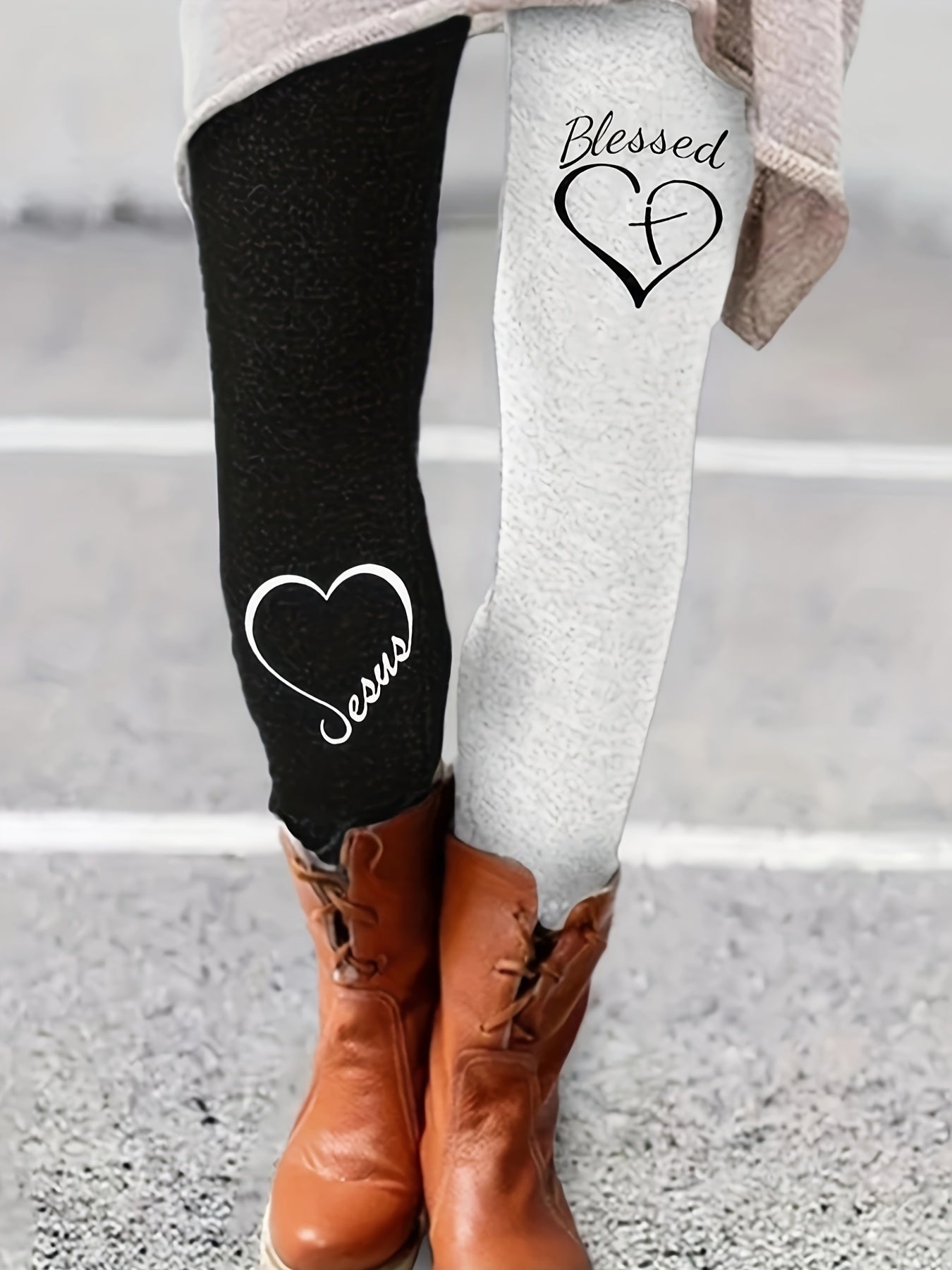Blessed & Jesus Print Skinny Leggings Casual Elastic Waist