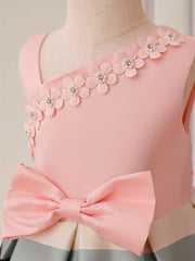 Toddler Girls One Shoulder Flowers Bow Stripe Princess Dress Gown