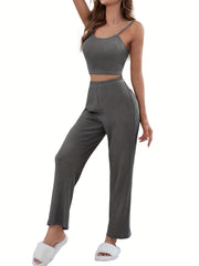 Ribbed 3pc Set Button Cardigan & Cami Top & Pants Outfit