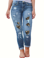 Ripped Leopard Patchwork High Waisted Skinny Jeans