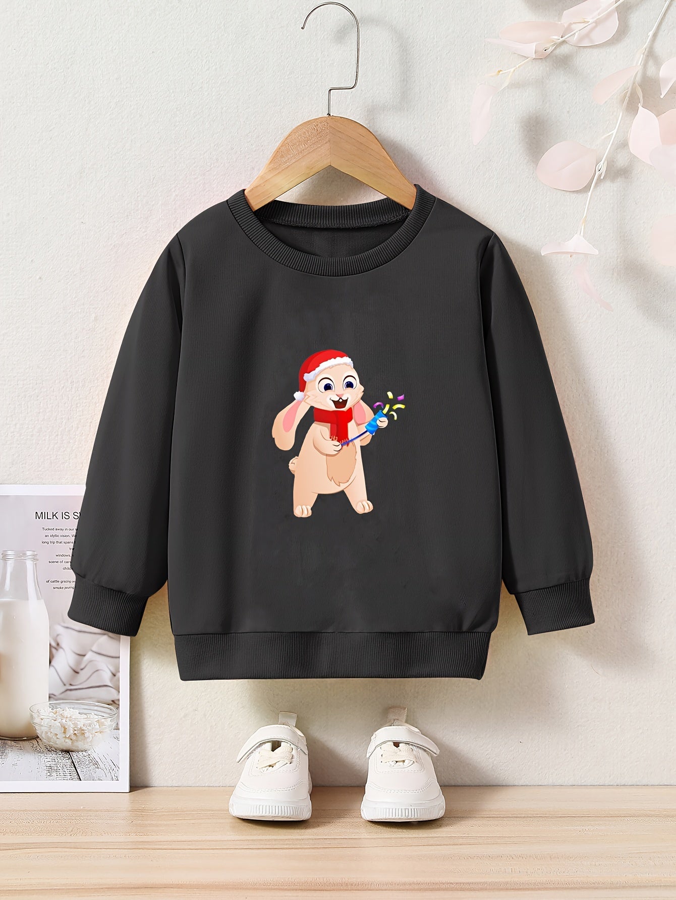 Christmas Bunny Print Girls Casual Pullover Sweatshirt