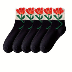 5 Pairs Floral Print Socks Comfy & Breathable Women's Mid Tube Stockings