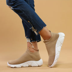 Khaki Slip On Socks Shoes Thick Bottom Breathable Running Shoes