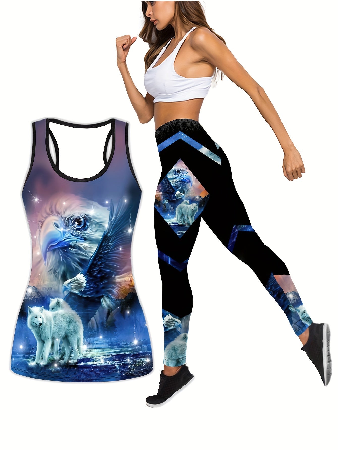 Animal & Ombre Print Racer Back Tank Top & Leggings Yoga Outfit Set