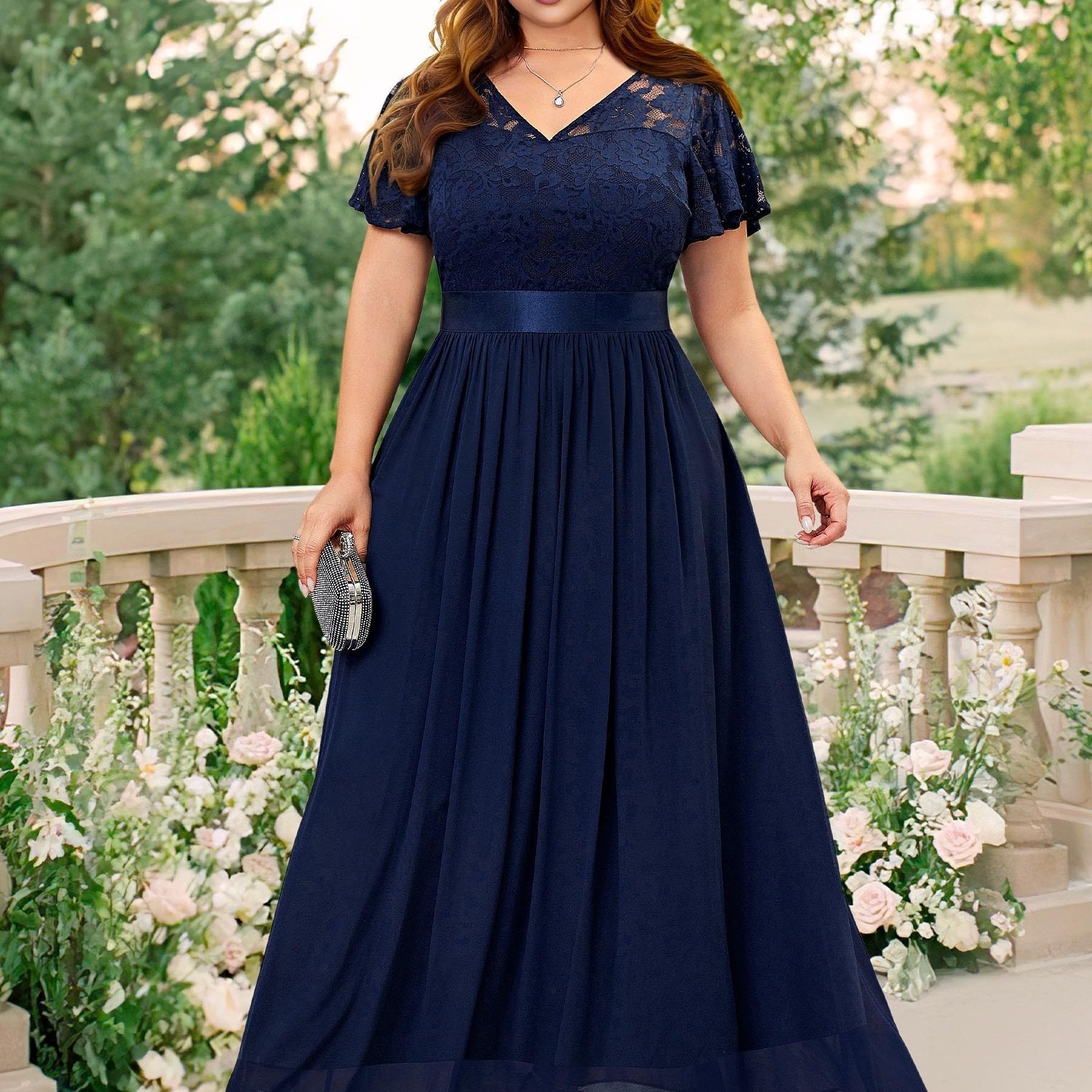 Floral Lace Ruffle Sleeve V Neck Evening Dress
