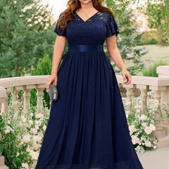 Floral Lace Ruffle Sleeve V Neck Evening Dress