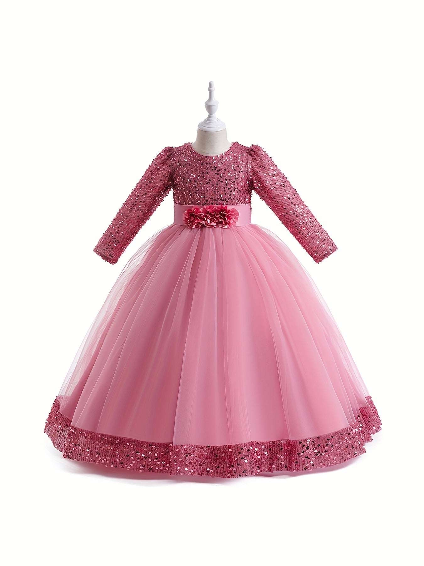 Girls' Sequin Evening Dress Long Sleeve Puff Skirt Tulle Party Ball Gown