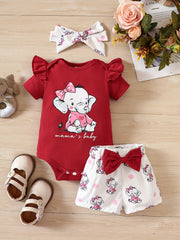 3pcs Baby Girls Elephant Short Sleeve Onesie & Shorts & Headband
