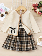 Toddler Girl's Plaid Dress & Cardigan Set Letter Print Outfits