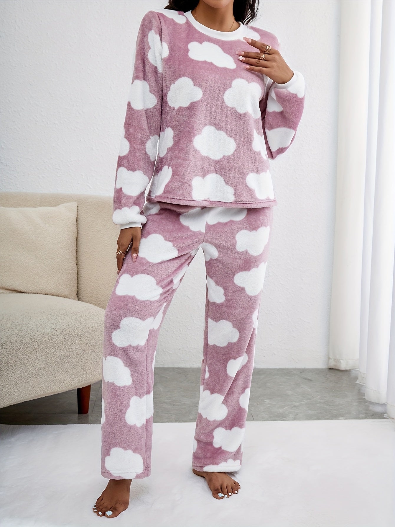 Cloud Print Fuzzy Pajama Set Long Sleeve Crew Neck Top & Pants