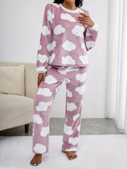 Cloud Print Fuzzy Pajama Set Long Sleeve Crew Neck Top & Pants