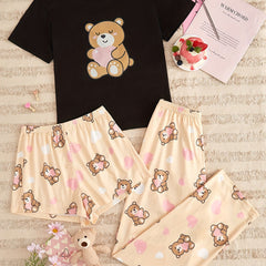Bear Print Pajamas Set Crew Neck Top & Shorts Women's Sleepwear