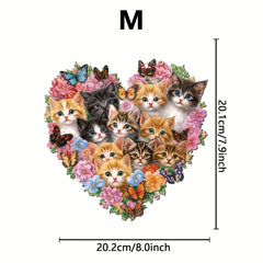 Heart Shaped Floral Kitten Family Wooden Puzzle