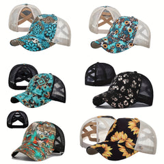 Sunflower Print Ponytail Baseball Cap Mesh Adjustable Trucker Hats