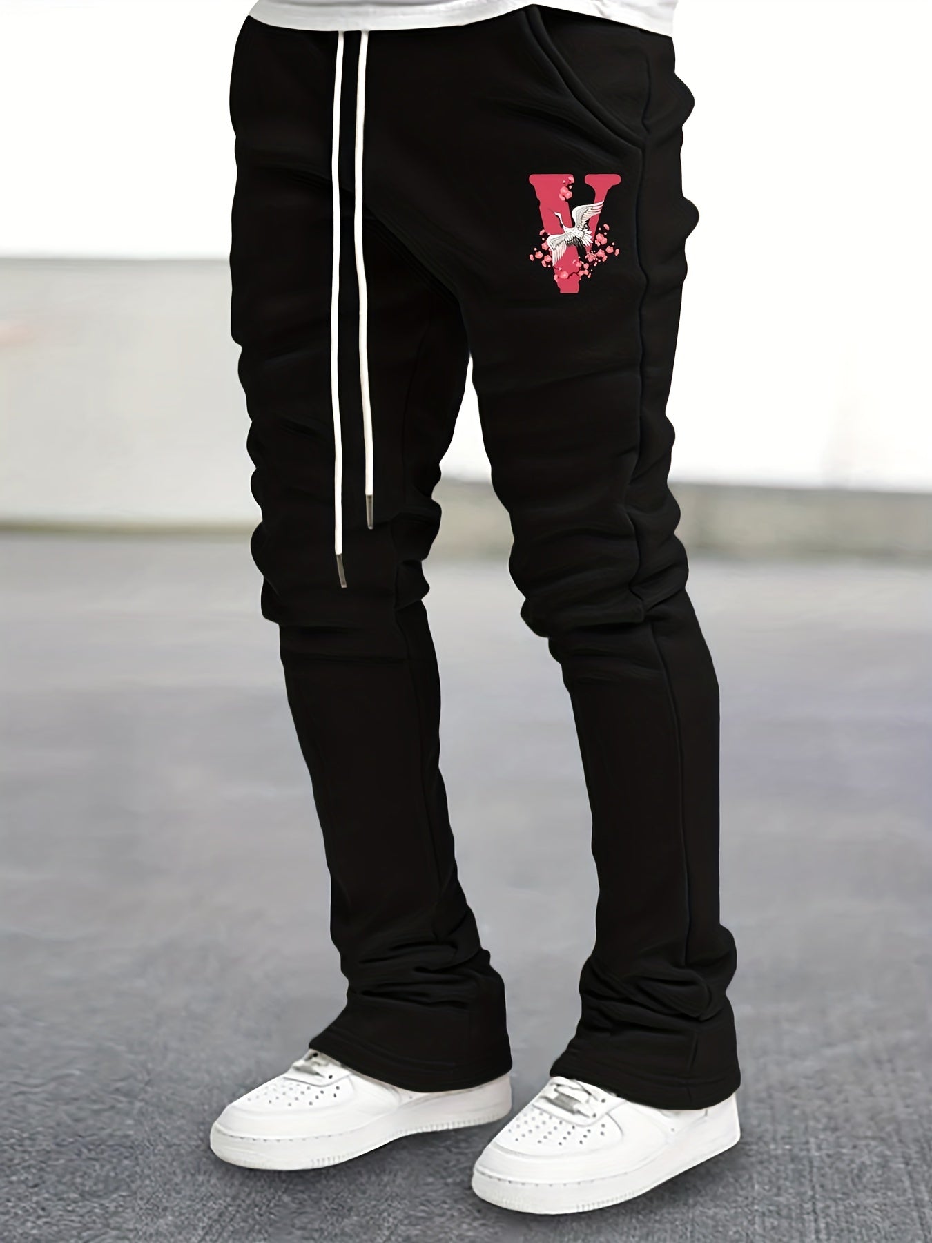 Crane & Floral Print Flared Trousers Men's Hip Hop Joggers