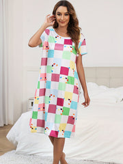 Colorblock Plaid Lounge Dresses & Comfy Short Sleeve Home Dress