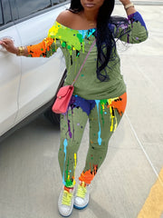 Women's Plus Painting Print Boat Neck Long Sleeve Top & Pants 2pcs Set