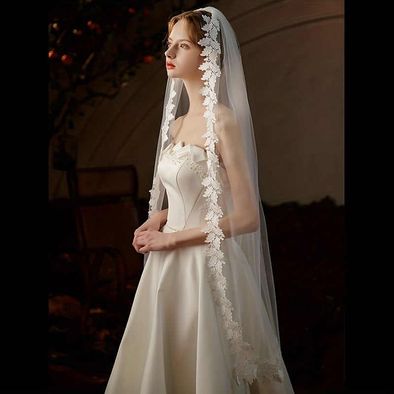 Bridal Long Head Veil Embroidered Lace Flower Wedding Hair Accessories