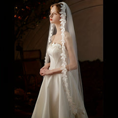 Bridal Long Head Veil Embroidered Lace Flower Wedding Hair Accessories