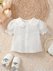 Girl's Lace Trim Doll Collar Ruffle Cuff Shirt