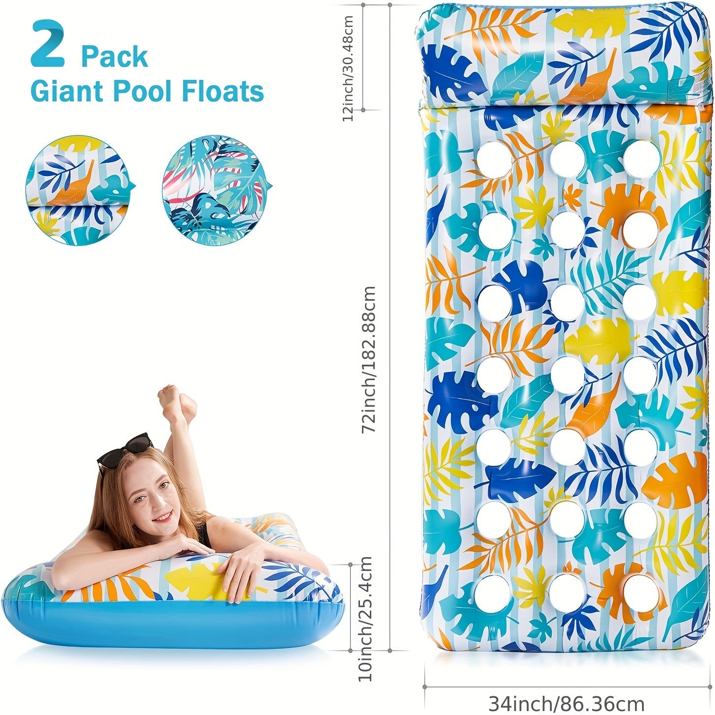 Adult Inflatable Pool Float Mat with Headrest