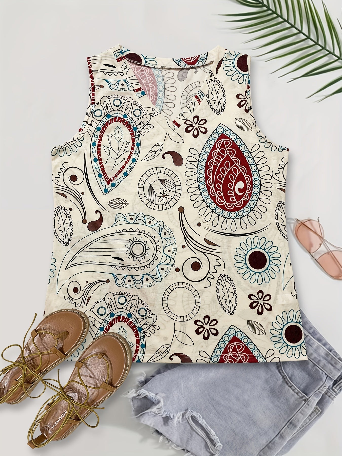 Casual Tank Top Women's Plus Random Print V Neck Slight Stretch