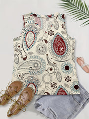 Casual Tank Top Women's Plus Random Print V Neck Slight Stretch