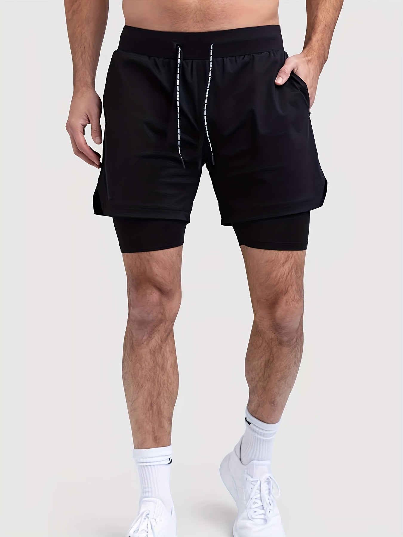 Men's 2 In 1 Running Shorts Activewear Stretch Drawstring Sport Shorts
