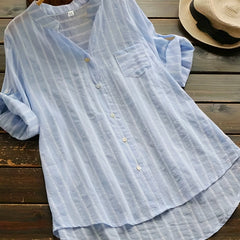 Stripe Print Button Up Short Sleeve Blouse