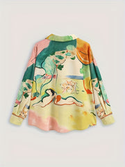 Casual Blouse Women's Plus Painting Print Button Up Long Sleeve