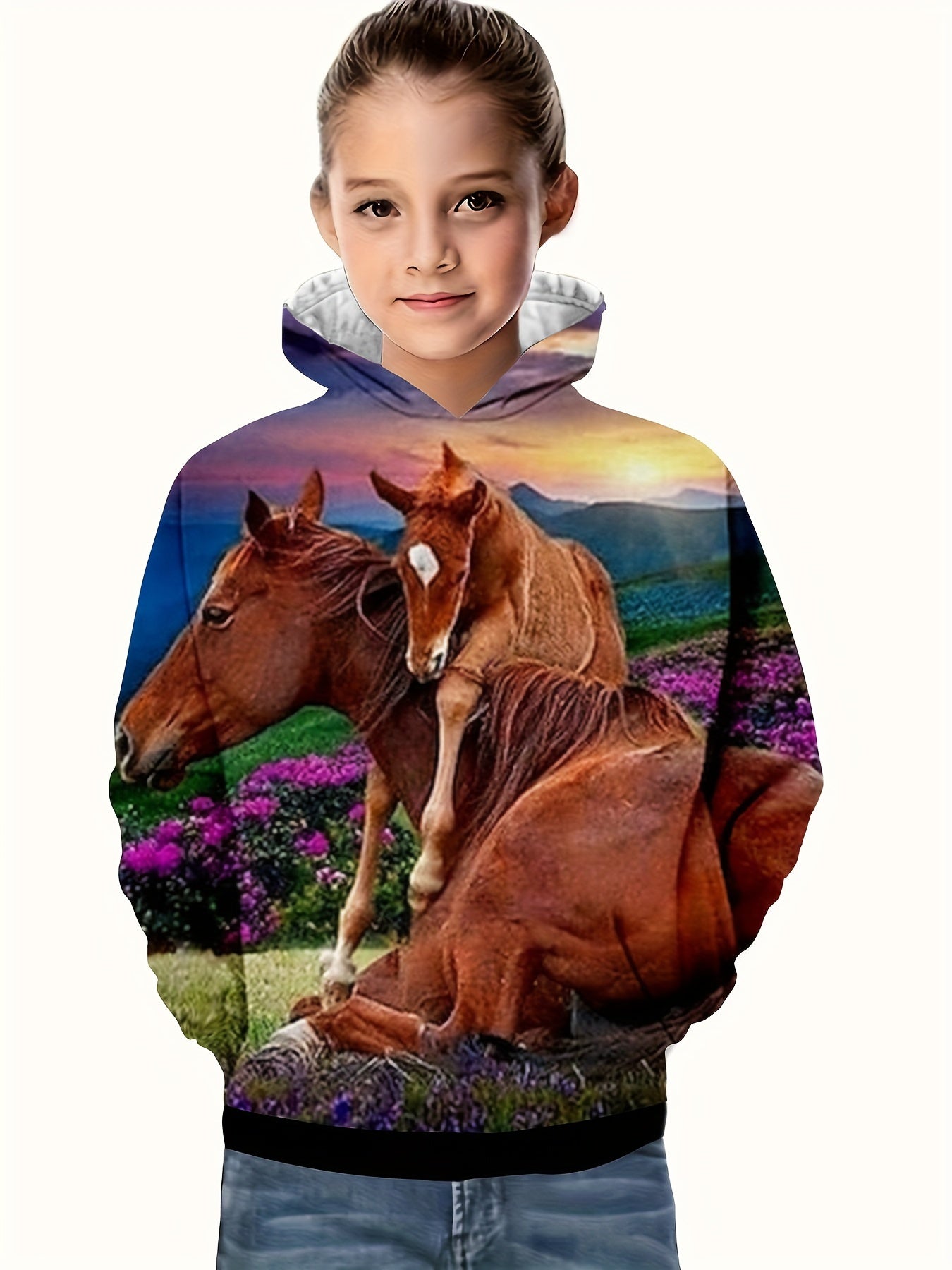 3D Horse Graphic Hoodie Long Sleeve Breathable Pullover For Kids