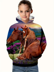 3D Horse Graphic Hoodie Long Sleeve Breathable Pullover For Kids