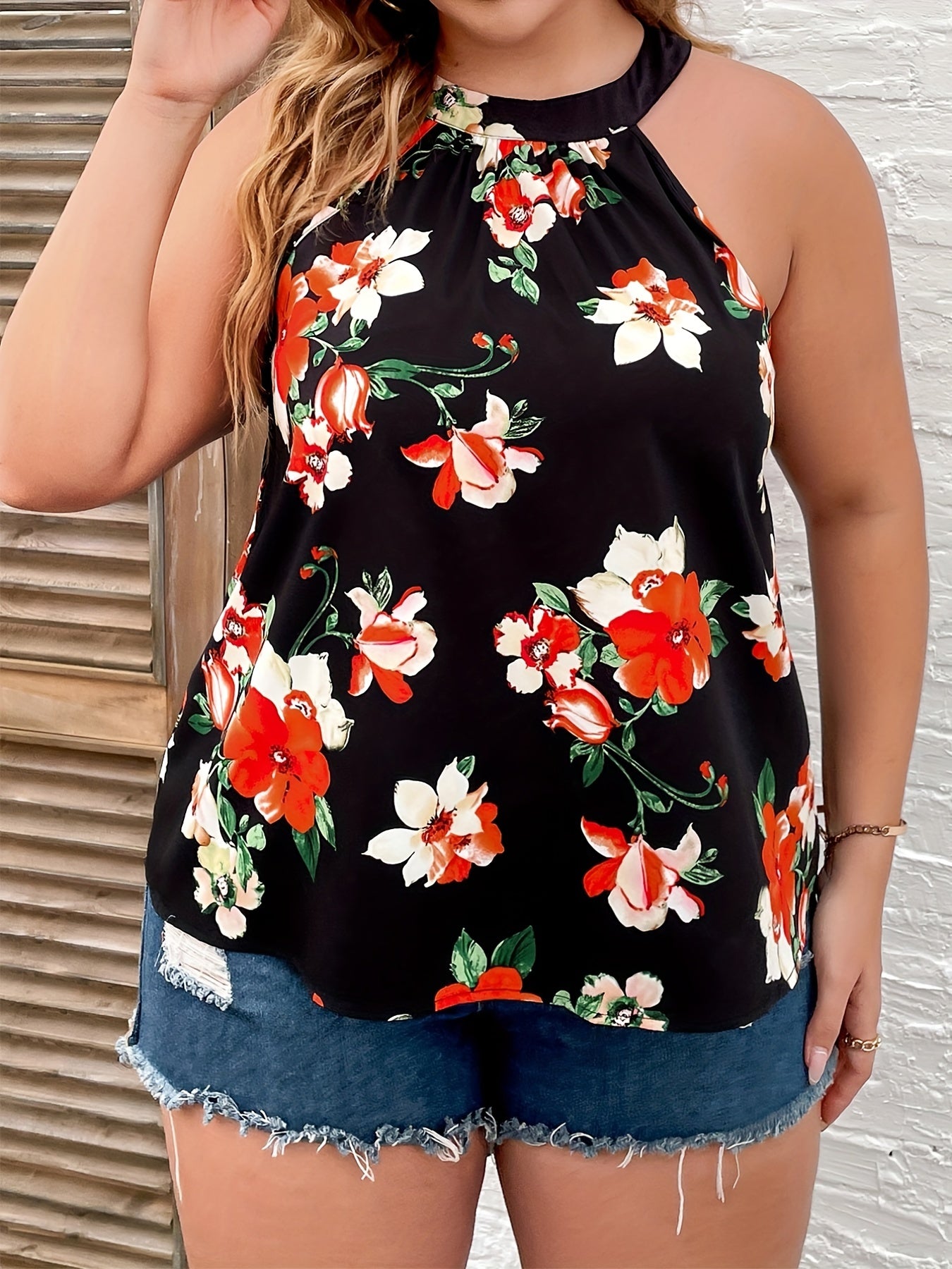 Floral Print Cut Out Round Neck Vest Top