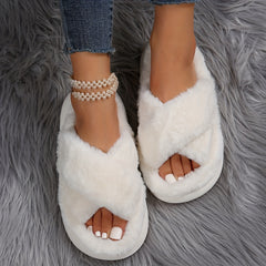 Plush Platform Slippers Cross Strap Slip On Comfortable Indoor Shoes