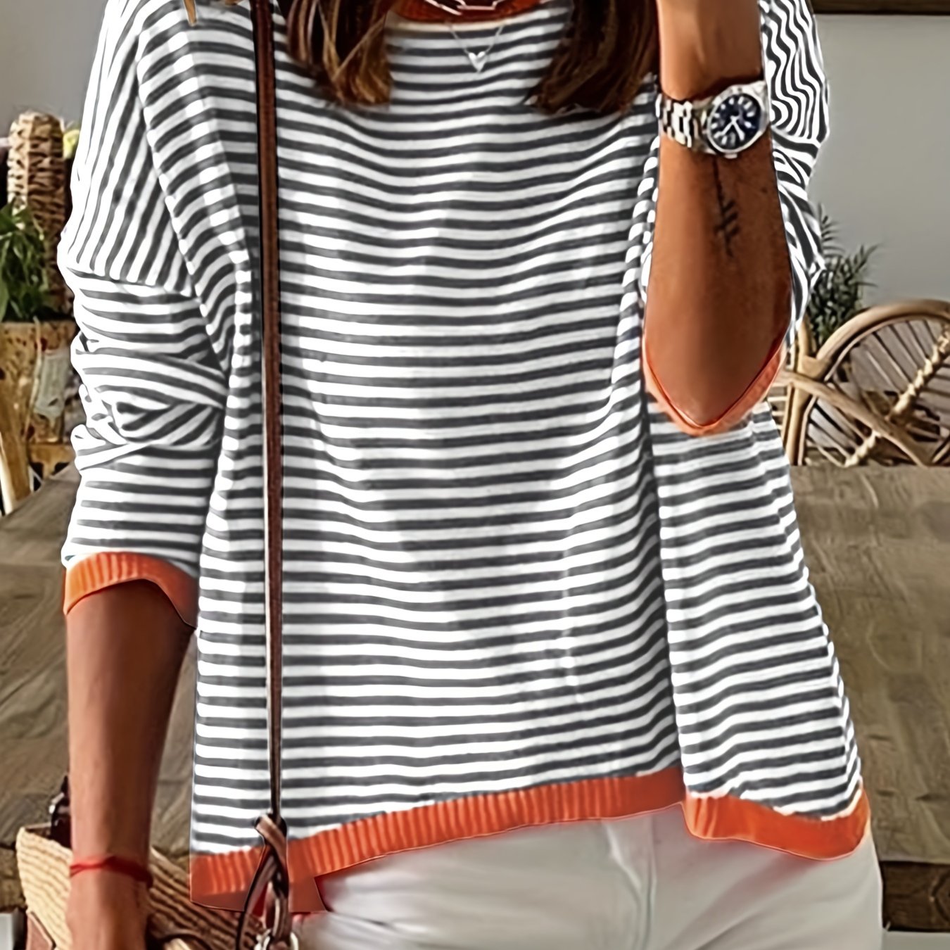 Striped Print Knit Sweater Crew Neck Drop Shoulder Sweater