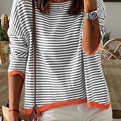 Striped Print Knit Sweater Crew Neck Drop Shoulder Sweater