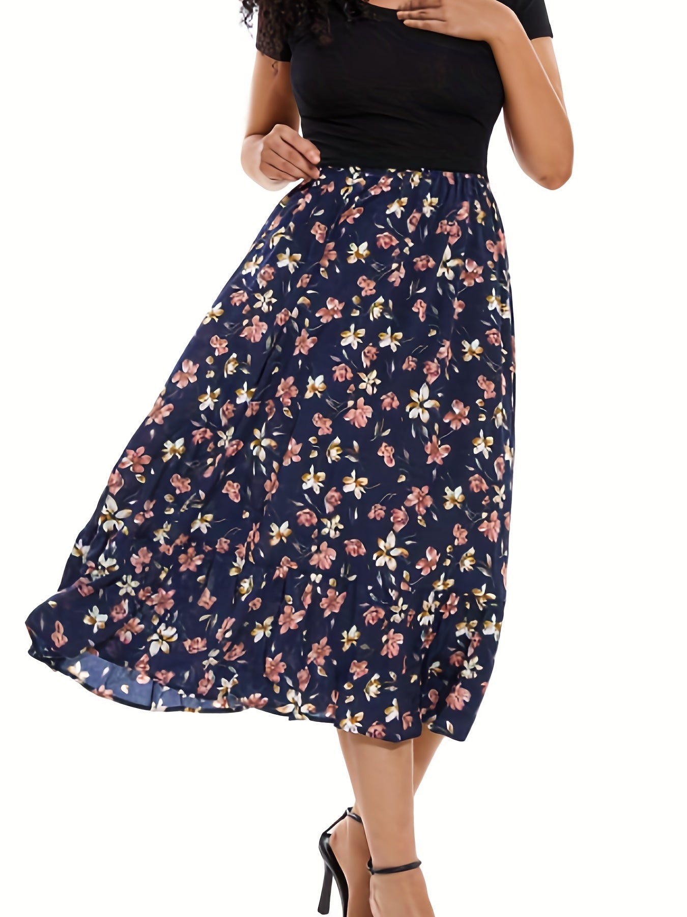 Boho Maxi Skirt Plus Ditsy Floral Print High Rise Pleated Maxi Skirt