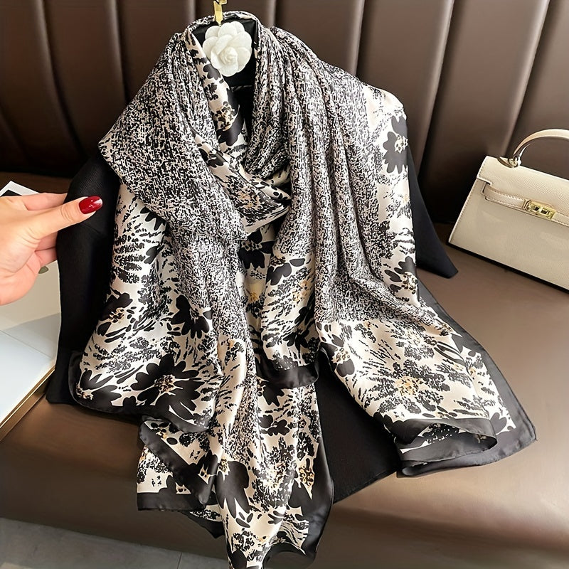 Vintage Floral Print Large Scarf Boho Satin Shawl Silk Windproof Head Wrap