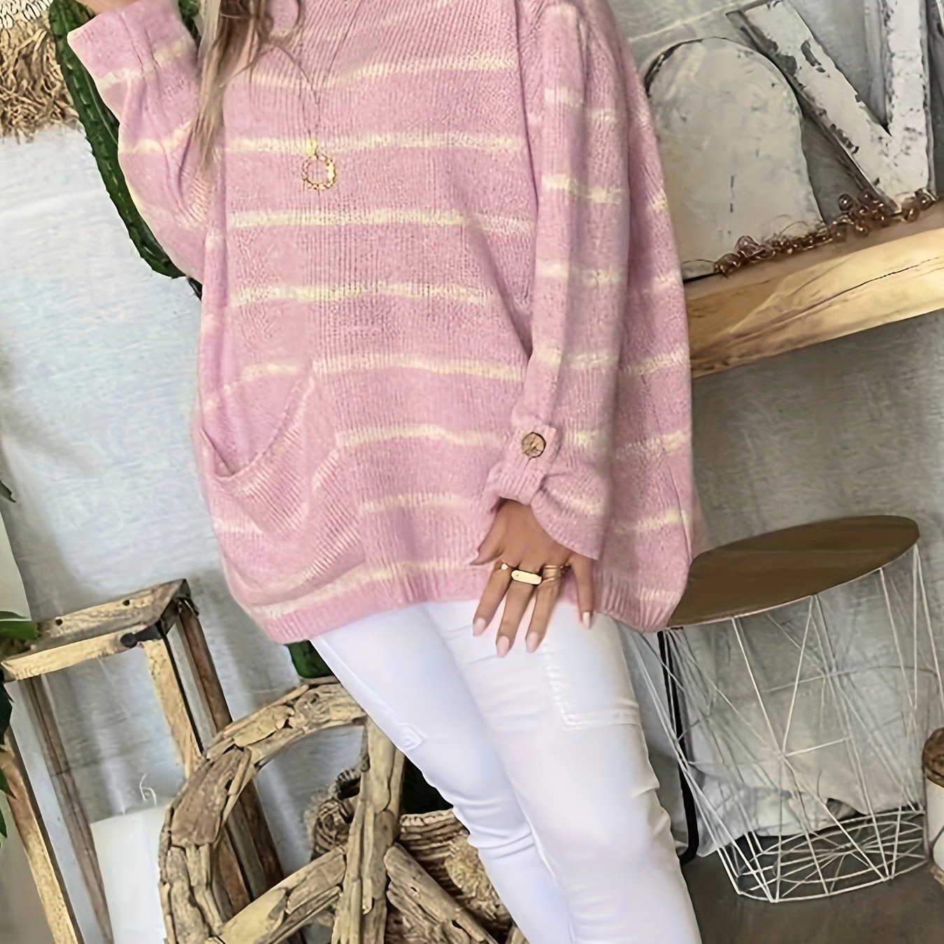 Casual Sweater Women's Plus Stripe Print Long Sleeve Round Neck Jumper