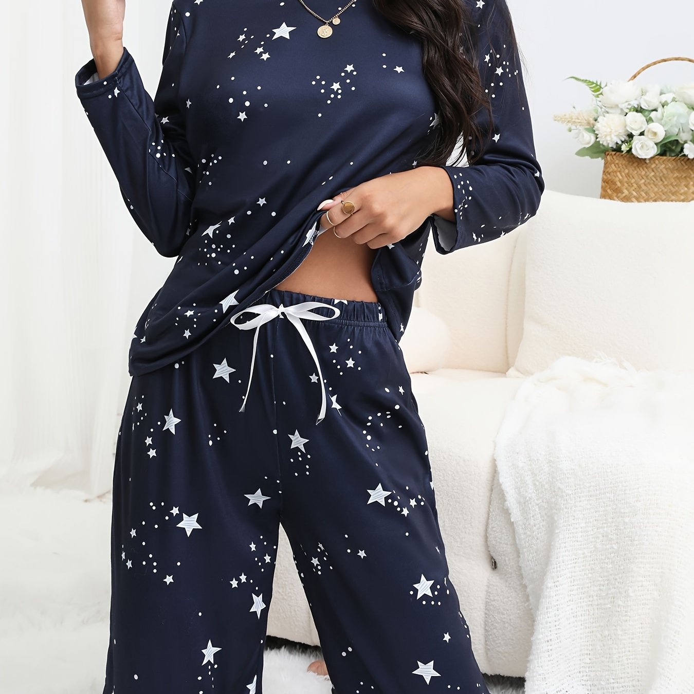 Starry Print Pajama Set Long Sleeve Crew Neck Top & Pants Sleepwear