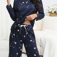 Starry Print Pajama Set Long Sleeve Crew Neck Top & Pants Sleepwear