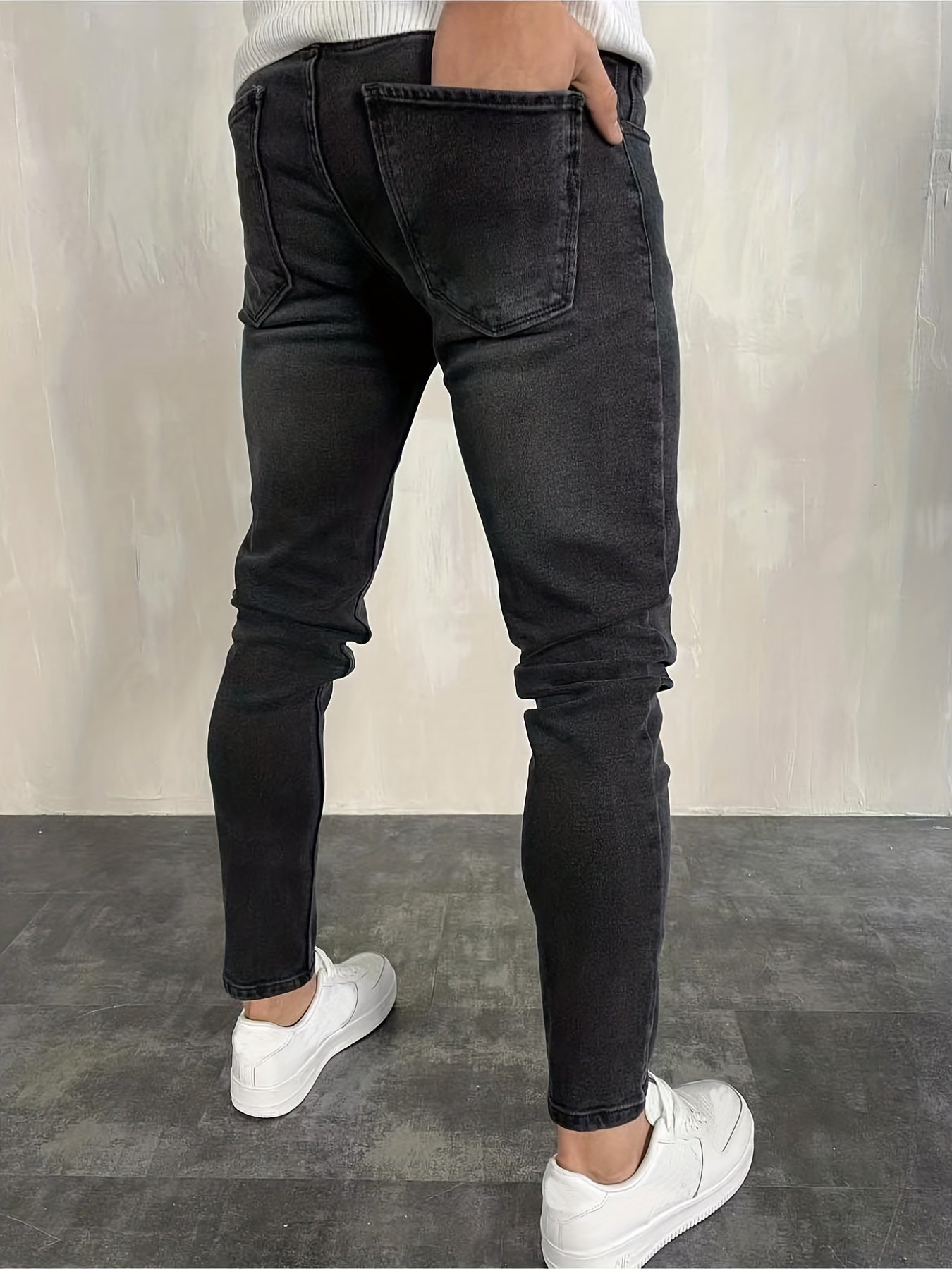 Slim Fit Ripped Cotton Jeans Men's Casual Street Style Solid Distressed