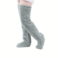Solid Fuzzy Thigh High Socks Warm Over The Knee Socks Women's Stockings