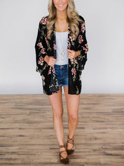Floral Print Cover Up Shirt Long Sleeves Loose Fit V Neck Semi Sheer Kimono
