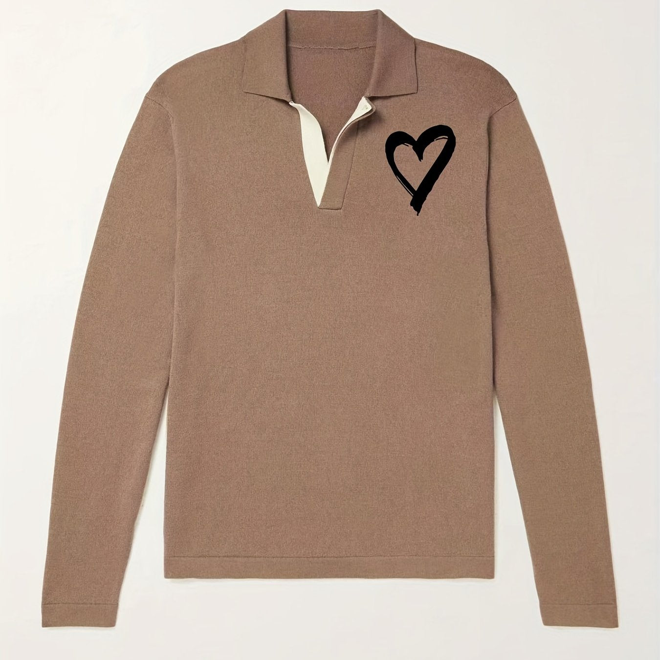 Heart Pattern Knit Polo Shirt Men's Casual Lapel Middle Stretch V Neck Pullover