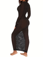 Deep V Neck Knitted Cover Up Dress Solid Ankle Length Sexy Beach Cover Up