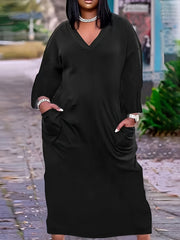 Women's Plus Solid Long Sleeve V Neck Maxi Dress With Pockets