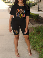 Colorblock Letter & Paw Print Crop Top & Shorts Set
