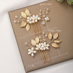 Golden Leaf Pearl Hair Pin Floral Wedding Hair Accessories
